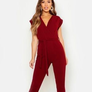Maroon tie front V-neck jumpsuit